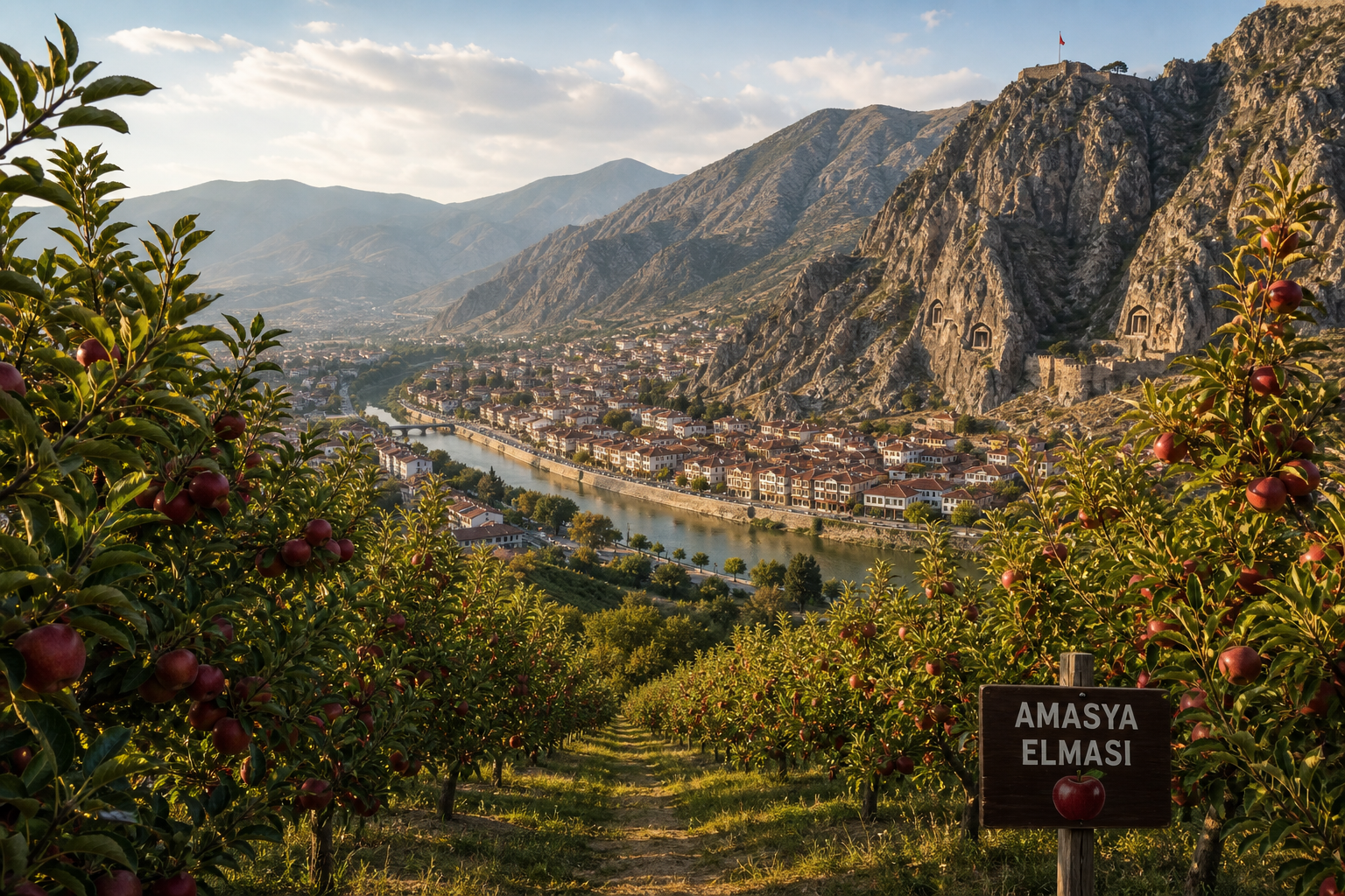 Amasya elma bahçesi manzarası